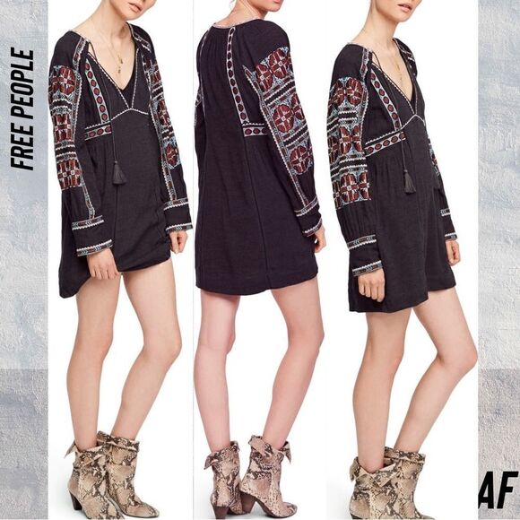 FREE PEOPLE ALL MY LOVE EMBROIDERED MINI DRESS IN BLACK NEW XS - Picture 1 of 5